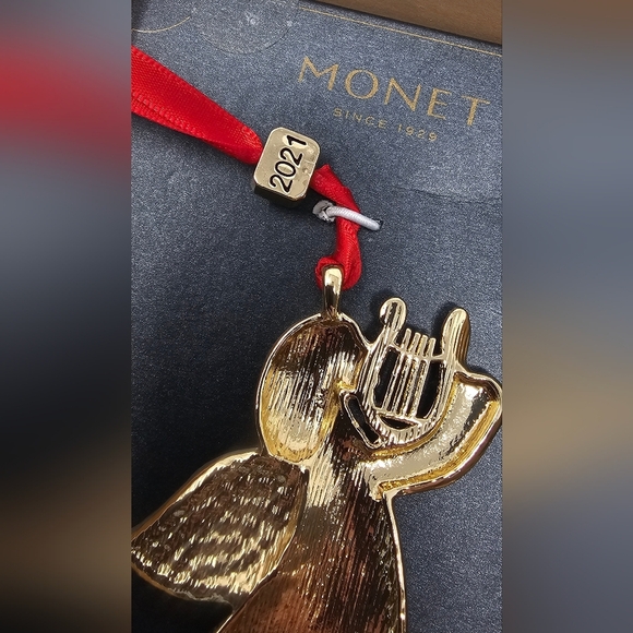 Monet Angel Harp Pendant Christmas Ornament White Enamel Blue Rhinestone New IOB - Picture 6 of 8